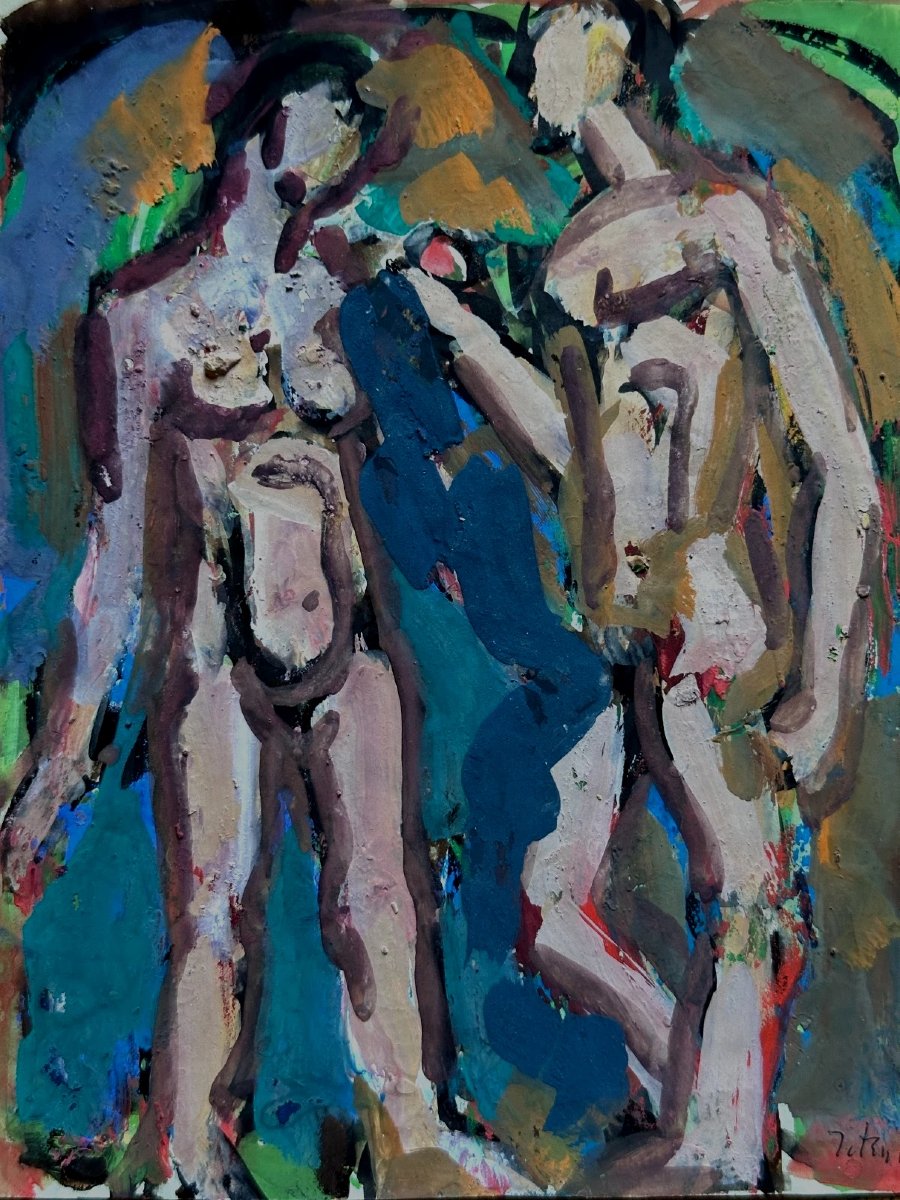 Ten Kate Antique Cobra Drawing Portrait Couple Man Woman Standing Nude Gouache 1950-photo-5