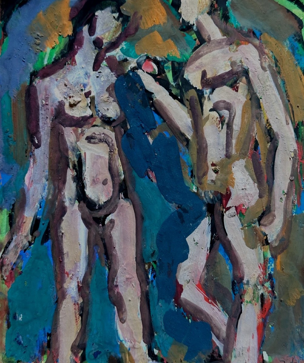 Ten Kate Antique Cobra Drawing Portrait Couple Man Woman Standing Nude Gouache 1950