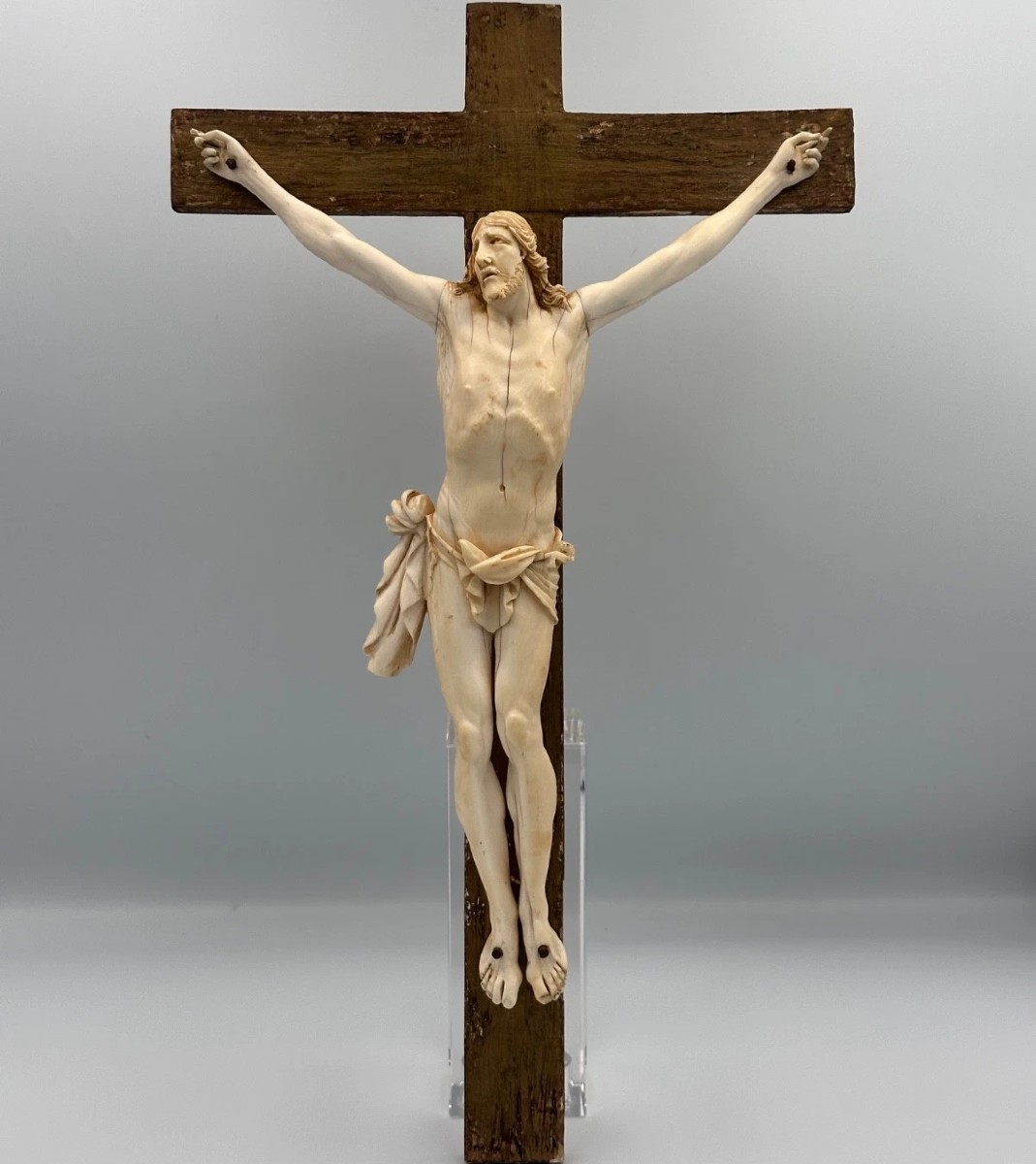 Grand Christ Vivant sur la croix Corpus Christi Ivoire sculpté Parisien 19ème -photo-2