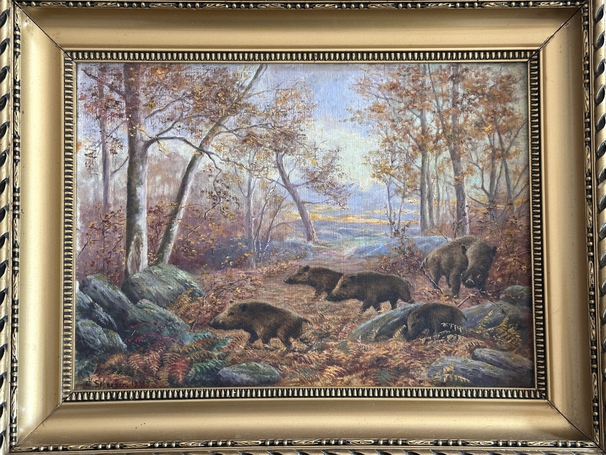 Schaeffer  Tableau ancien harde de sangliers Paysage forêt  1938  style de  Rötig-photo-2