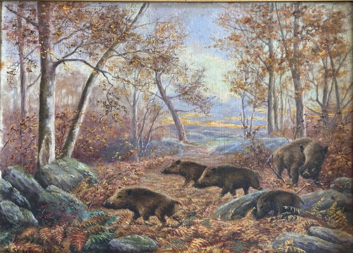 Schaeffer  Tableau ancien harde de sangliers Paysage forêt  1938  style de  Rötig-photo-1