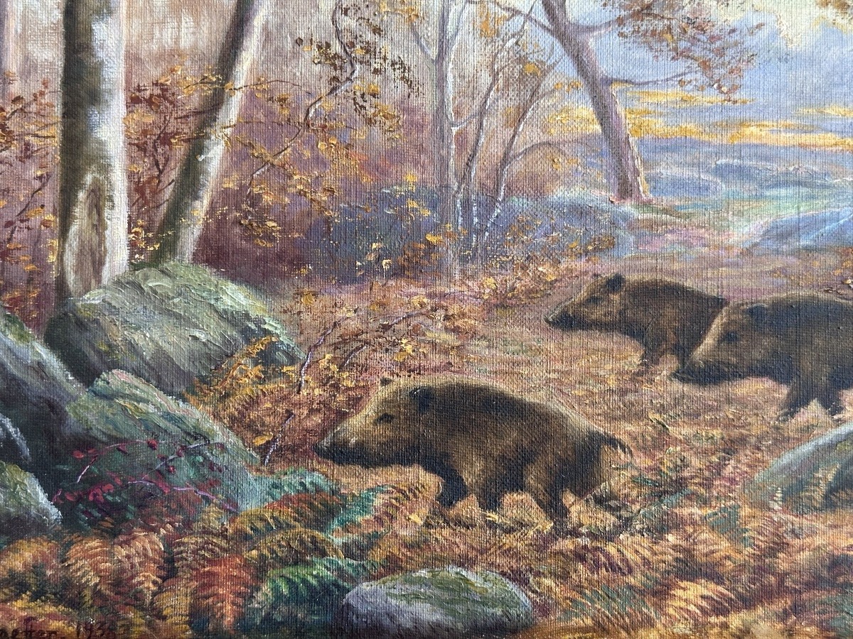 Schaeffer  Tableau ancien harde de sangliers Paysage forêt  1938  style de  Rötig-photo-2