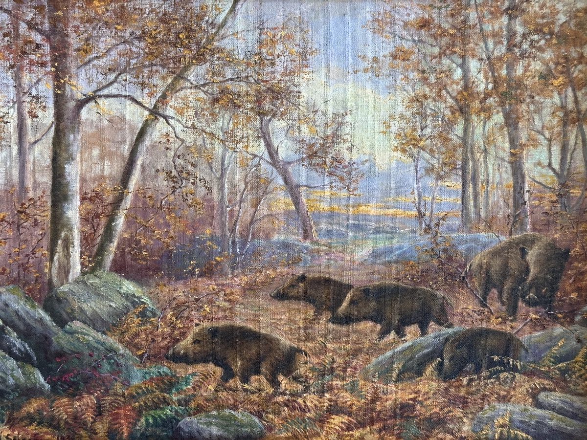 Schaeffer  Tableau ancien harde de sangliers Paysage forêt  1938  style de  Rötig