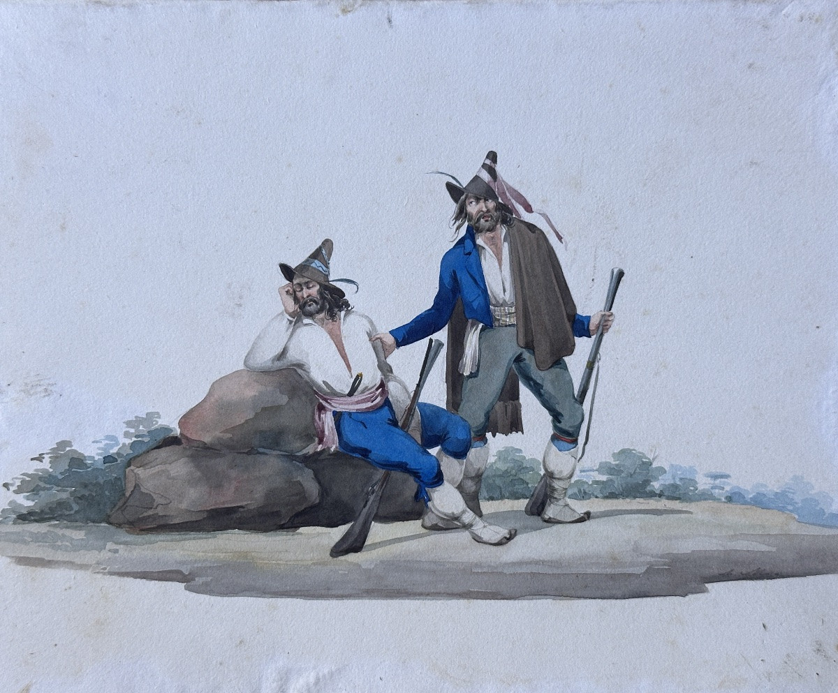 Dessin brigand Napolitain armé de tromblon Romantisme aquarelle Italie -photo-3