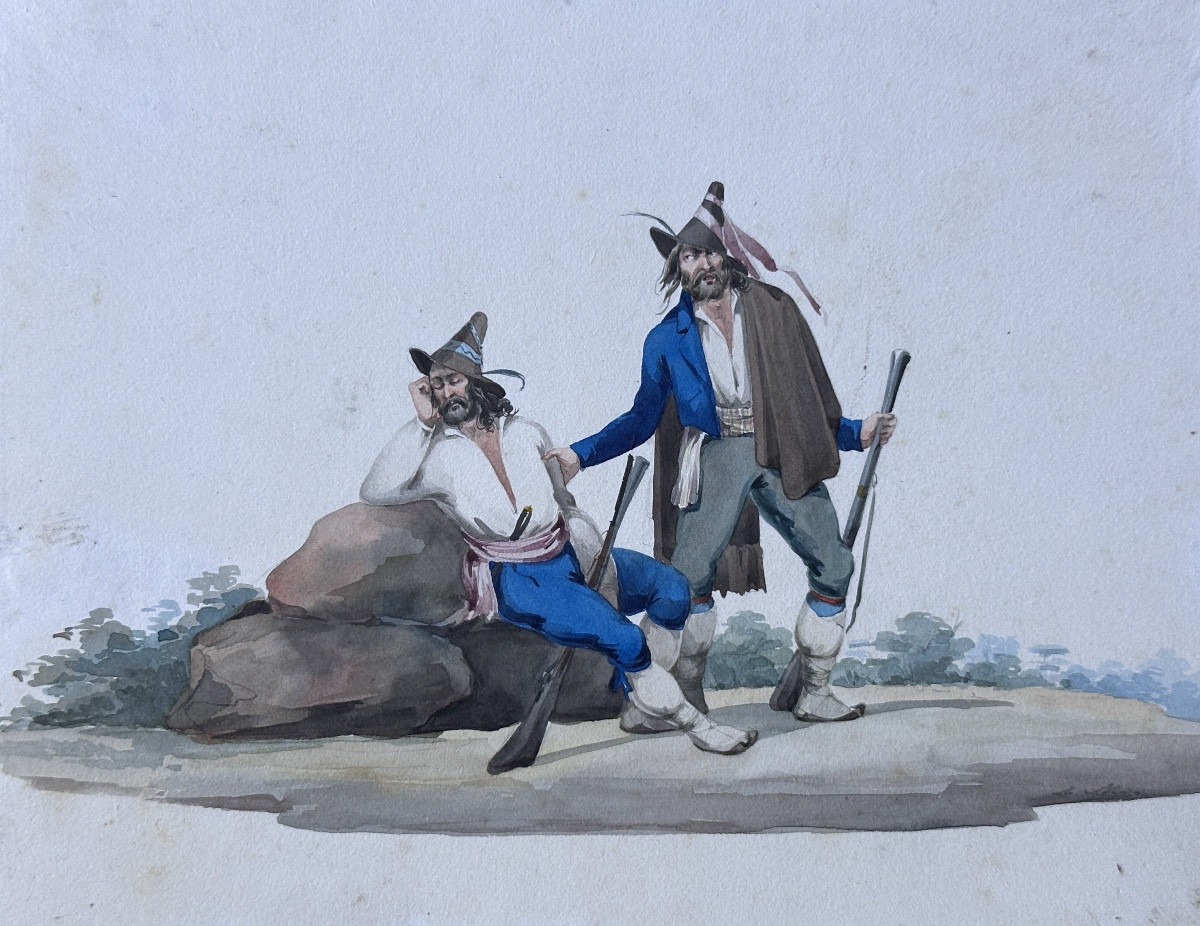 Dessin brigand Napolitain armé de tromblon Romantisme aquarelle Italie 