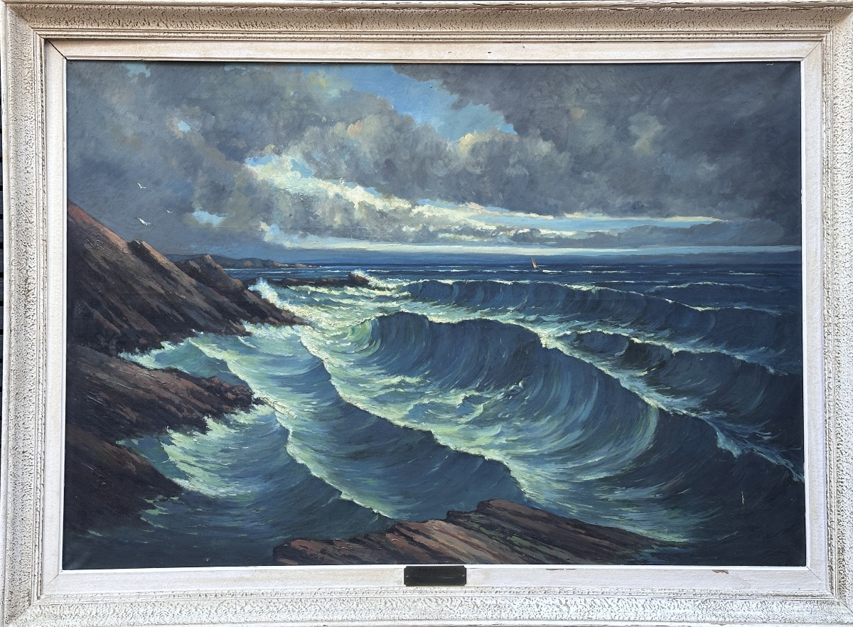 Auberger Grand Tableau Marine bord de mer La Vague Bretagne Saint-Lunaire art déco Ciel -photo-1