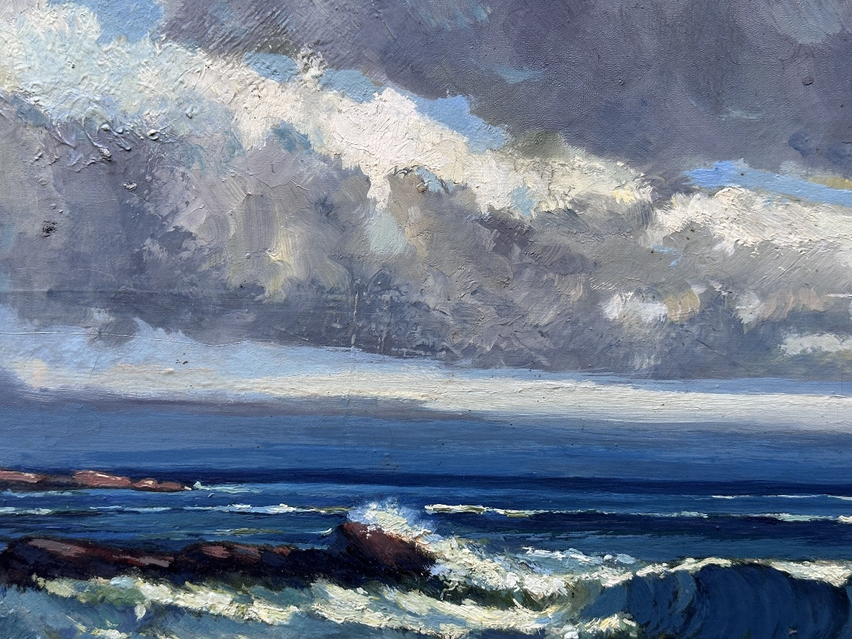 Auberger Grand Tableau Marine bord de mer La Vague Bretagne Saint-Lunaire art déco Ciel -photo-3