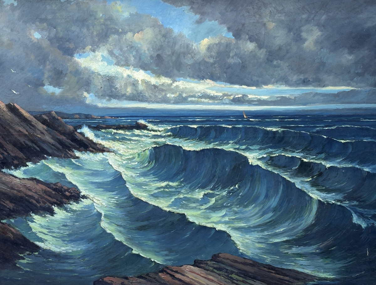 Auberger Grand Tableau Marine bord de mer La Vague Bretagne Saint-Lunaire art déco Ciel 