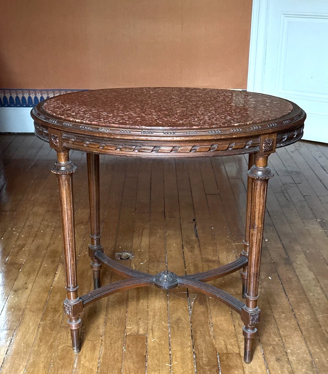     Louis XVI Style Oval Pedestal Table Circa 1900, Walnut And Languedoc Marble Elegant Pedestal Table Ov