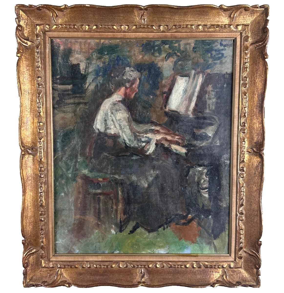 Dantin tableau ancien portrait de Femme  pianiste intérieur salon 1910  Paris -photo-2