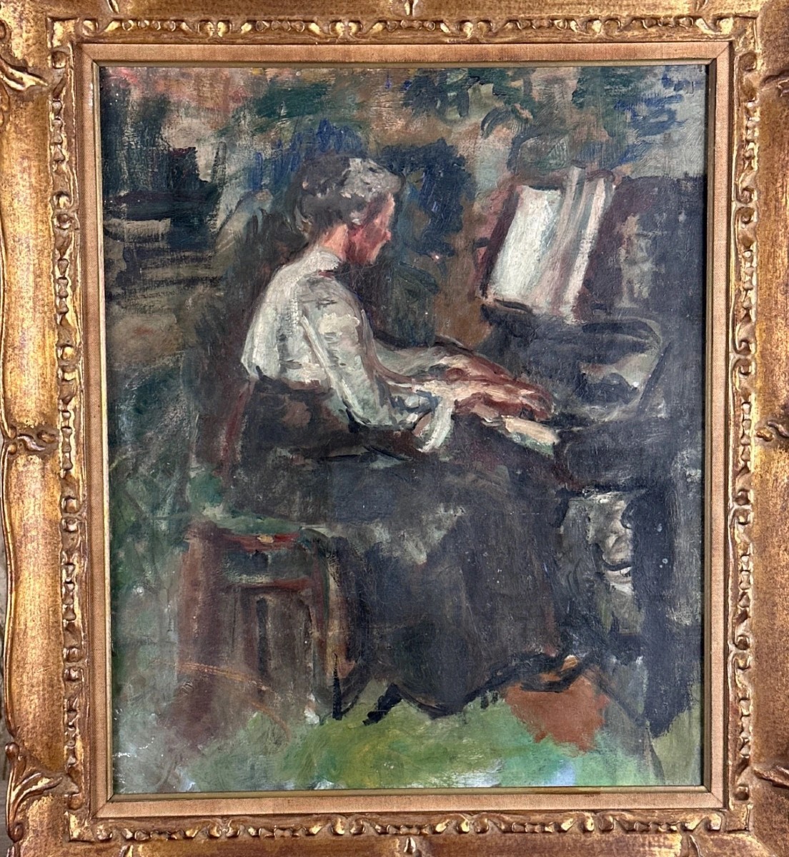 Dantin tableau ancien portrait de Femme  pianiste intérieur salon 1910  Paris 