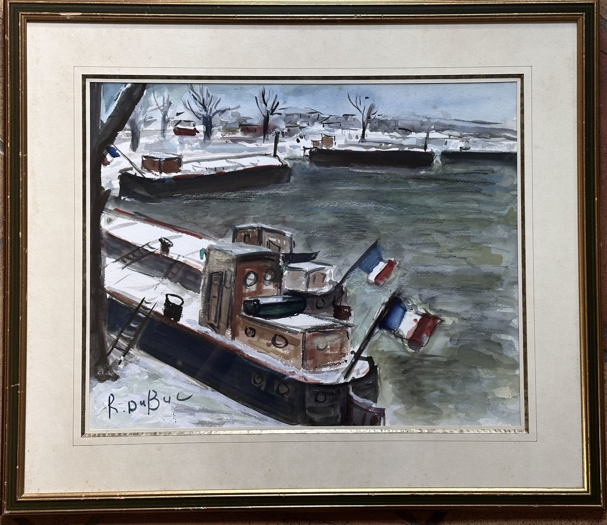  Dubuc Barges Docked In The Snow With Tricolor Flags Bord De Seine Paris-photo-2