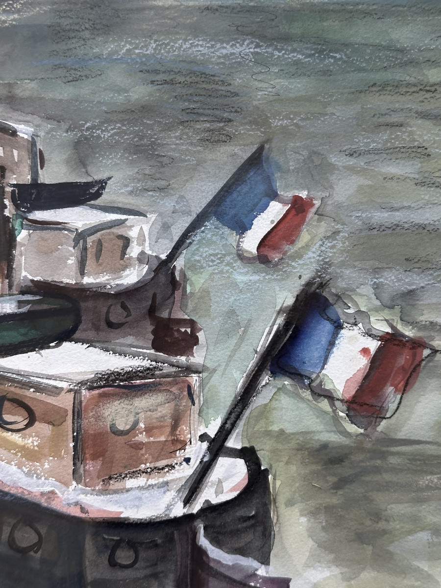  Dubuc Barges Docked In The Snow With Tricolor Flags Bord De Seine Paris-photo-1