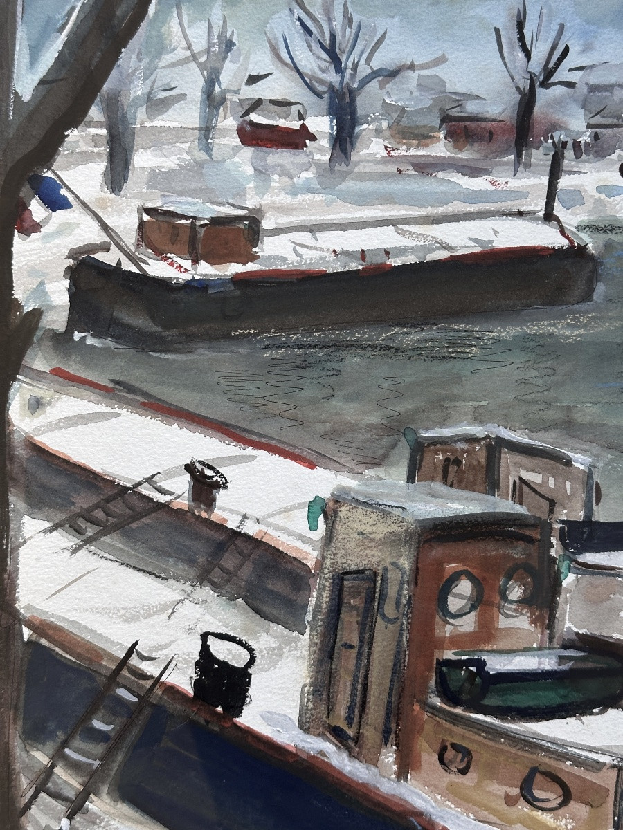  Dubuc Barges Docked In The Snow With Tricolor Flags Bord De Seine Paris-photo-2