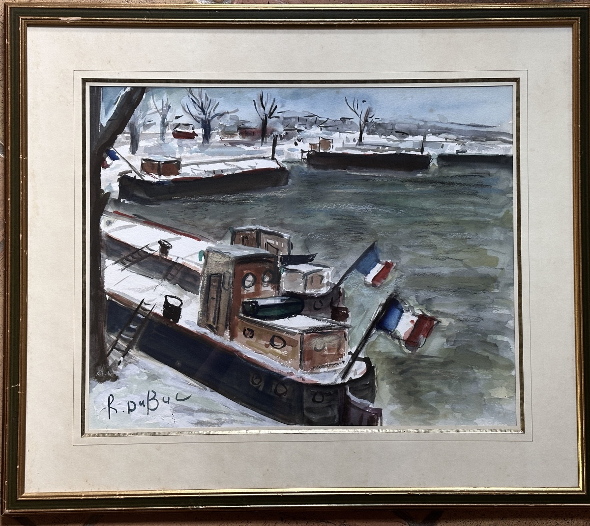  Dubuc Barges Docked In The Snow With Tricolor Flags Bord De Seine Paris-photo-7