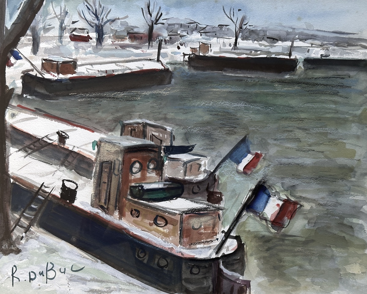  Dubuc Barges Docked In The Snow With Tricolor Flags Bord De Seine Paris