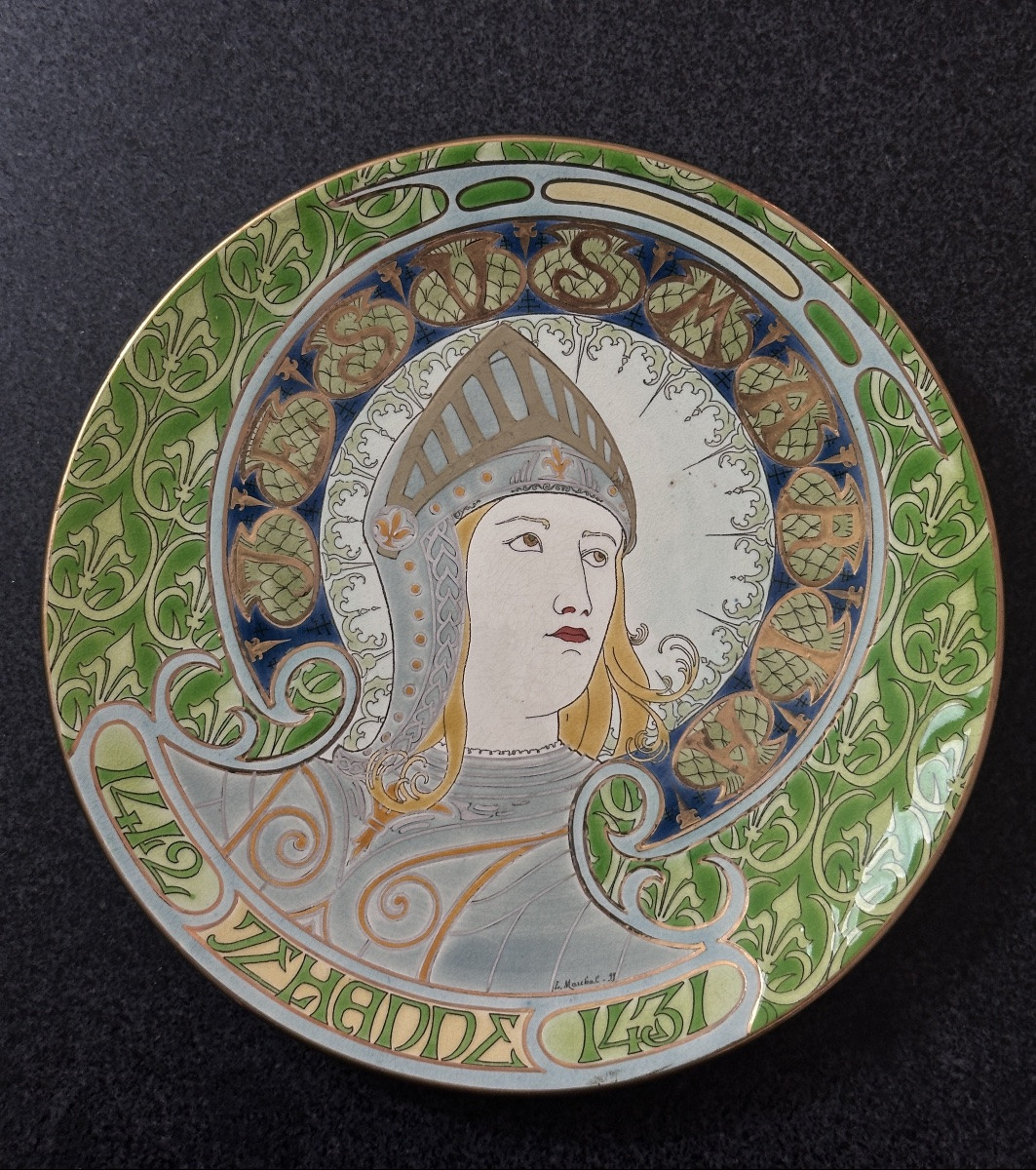 Pair Of Large Art Nouveau Dishes Jeanne d'Arc Royaliste 1899 Lunéville Earthenware X 28cm-photo-2
