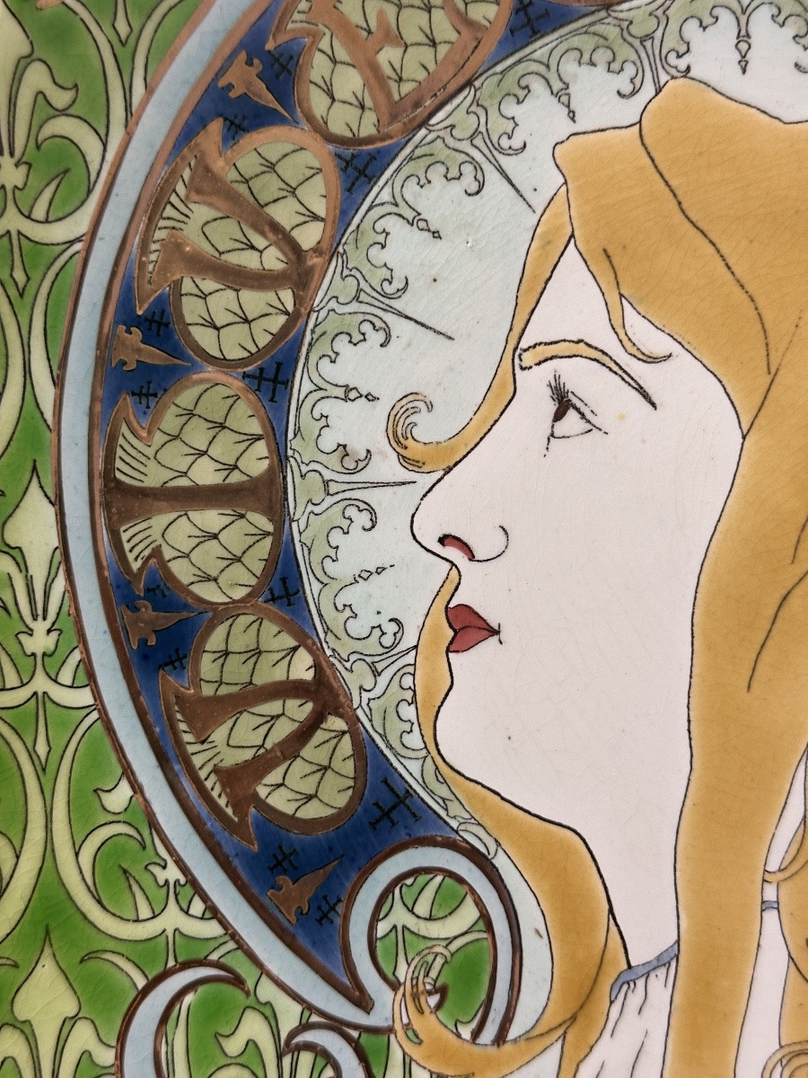 Pair Of Large Art Nouveau Dishes Jeanne d'Arc Royaliste 1899 Lunéville Earthenware X 28cm-photo-4