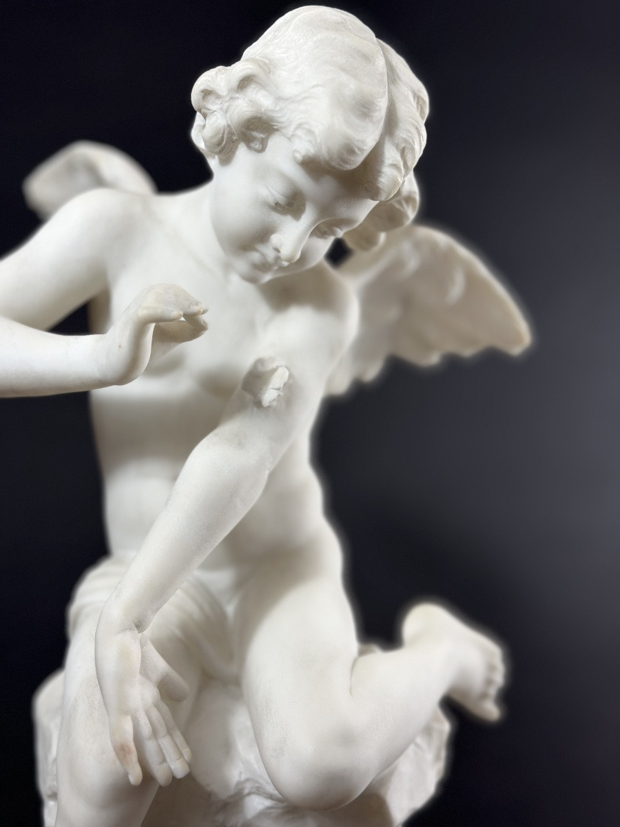 Pugi Sculpture Angel Love Butterfly Psyche Antique Alabaster 19th Century-photo-4