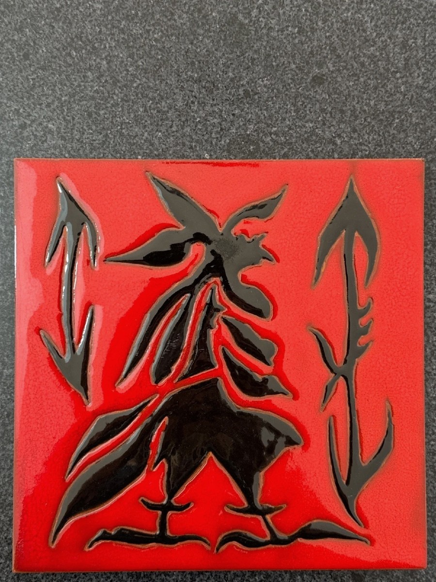Jean Lurçat Glazed Ceramic Tile Sant Vicens Red Rooster Black Design-photo-3