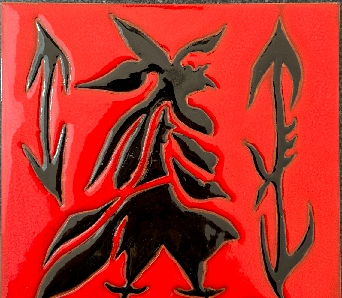 Jean Lurçat Glazed Ceramic Tile Sant Vicens Red Rooster Black Design-photo-2