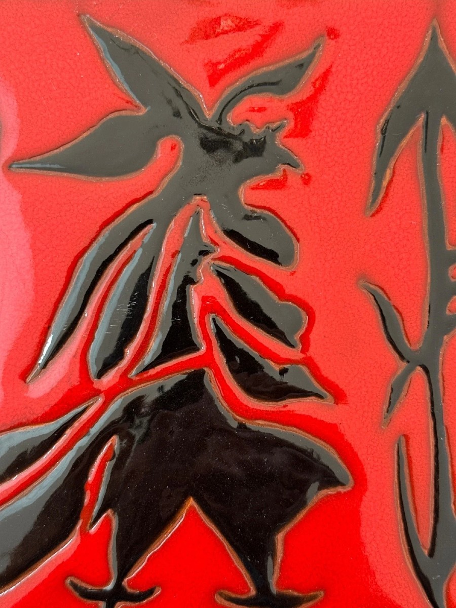 Jean Lurçat Glazed Ceramic Tile Sant Vicens Red Rooster Black Design-photo-3