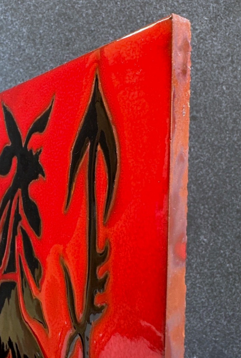 Jean Lurçat Glazed Ceramic Tile Sant Vicens Red Rooster Black Design-photo-1