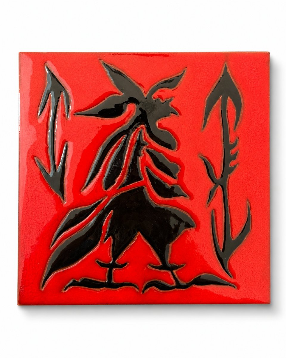 Jean Lurçat Glazed Ceramic Tile Sant Vicens Red Rooster Black Design