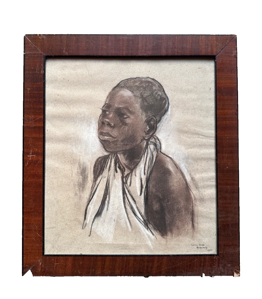 Louis Jean Beaupuy Old Drawing Portrait Of A Young Girl Madagascar Art Deco-photo-3