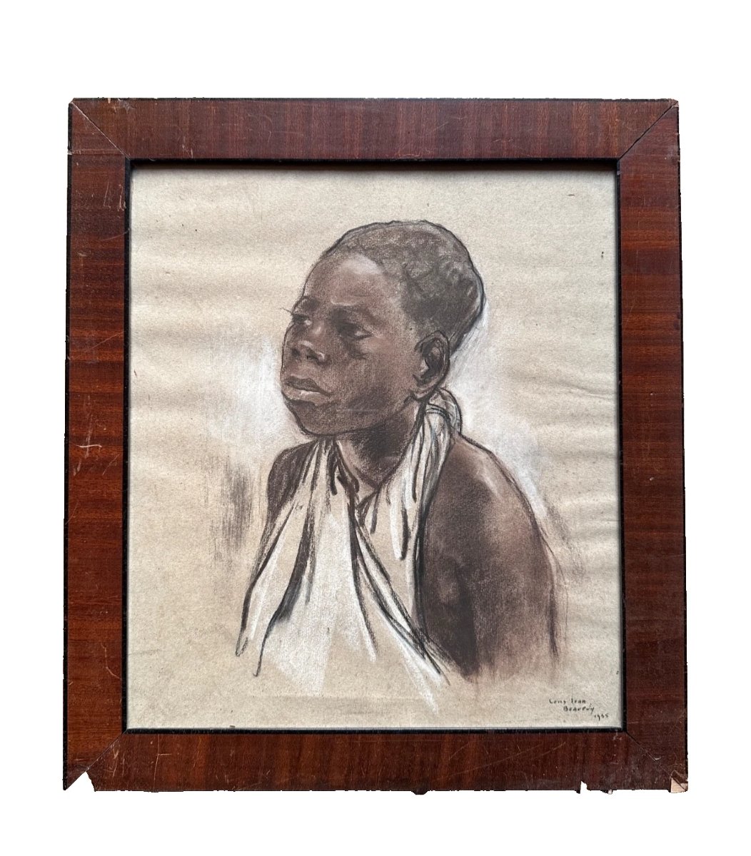 Louis Jean Beaupuy Old Drawing Portrait Of A Young Girl Madagascar Art Deco-photo-5