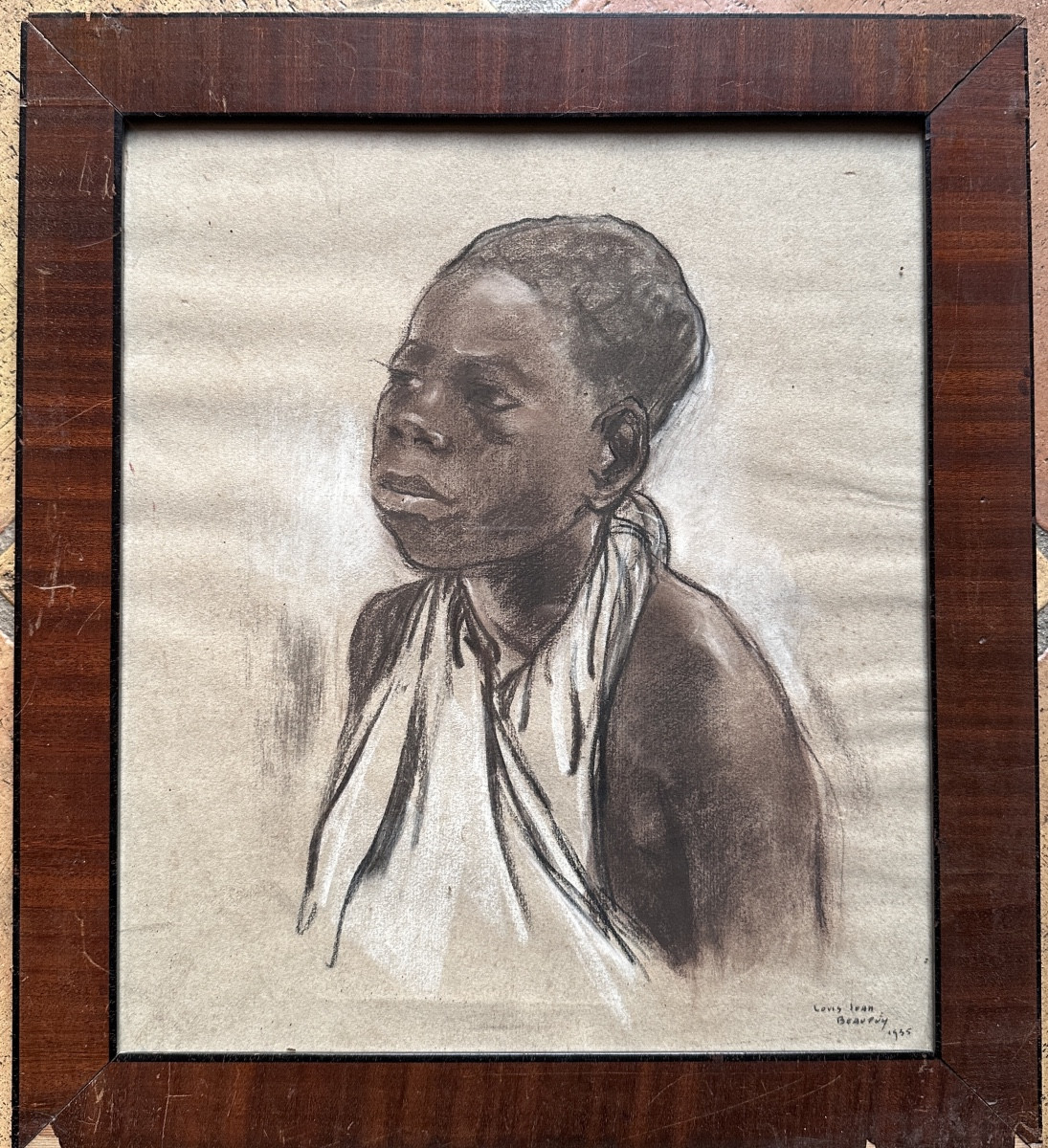 Louis Jean Beaupuy Old Drawing Portrait Of A Young Girl Madagascar Art Deco