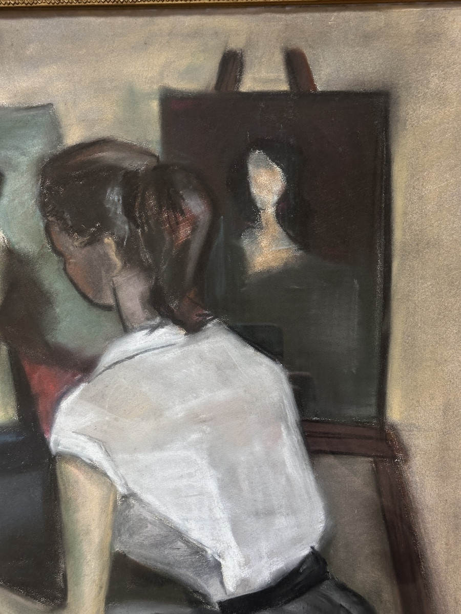 Pastel  femme peintre  au chevalet dans un atelier académie portrait 1950 signé-photo-2