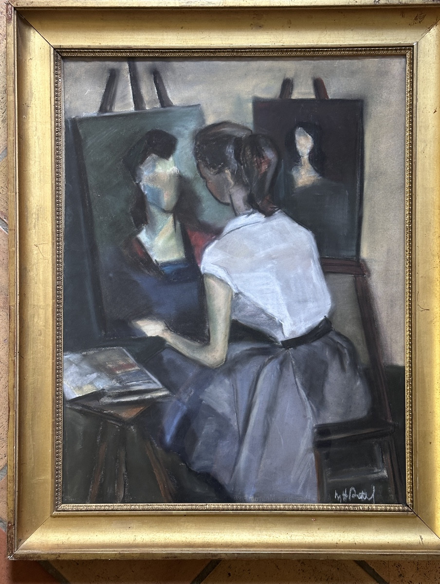 Pastel  femme peintre  au chevalet dans un atelier académie portrait 1950 signé-photo-5