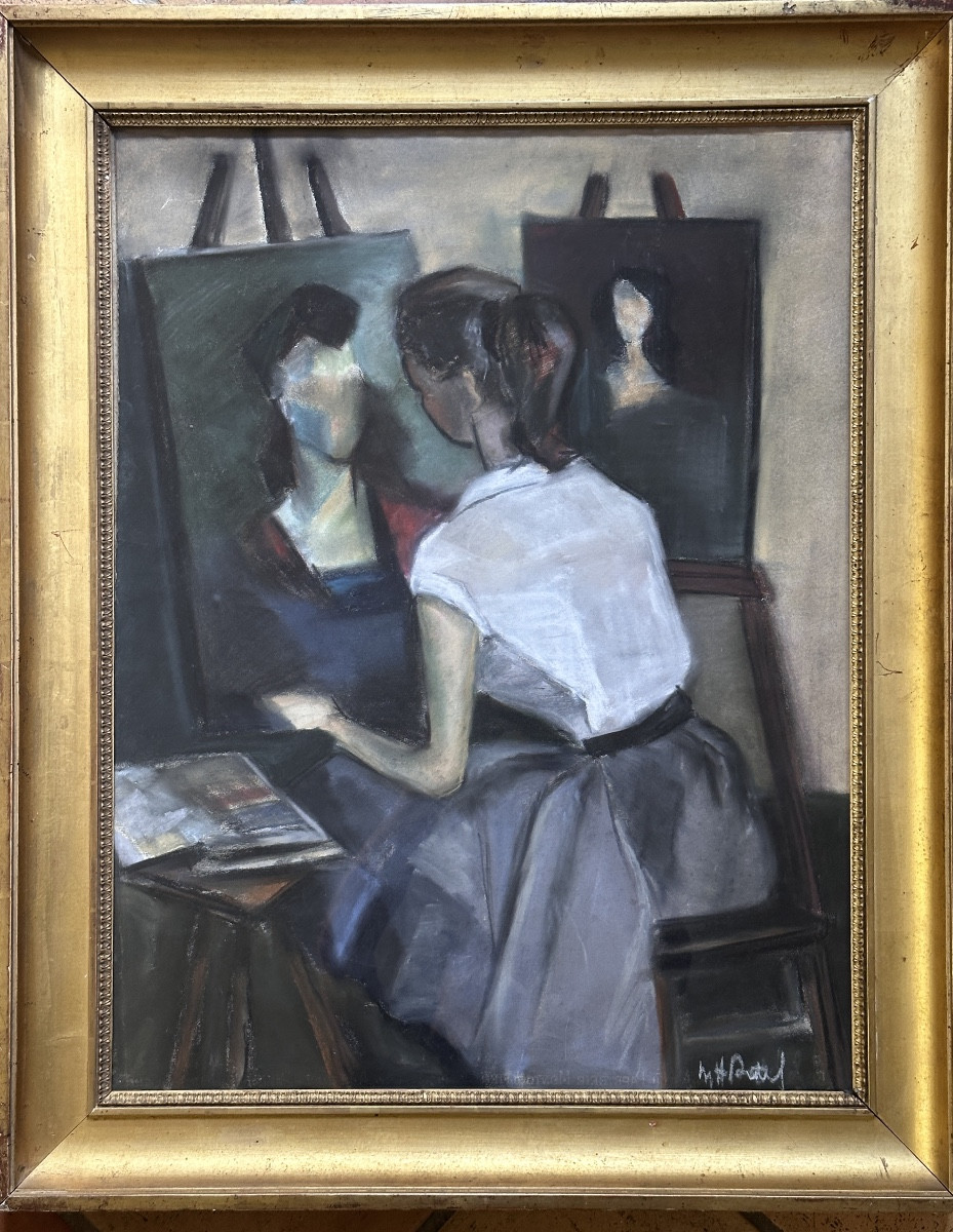 Pastel  femme peintre  au chevalet dans un atelier académie portrait 1950 signé