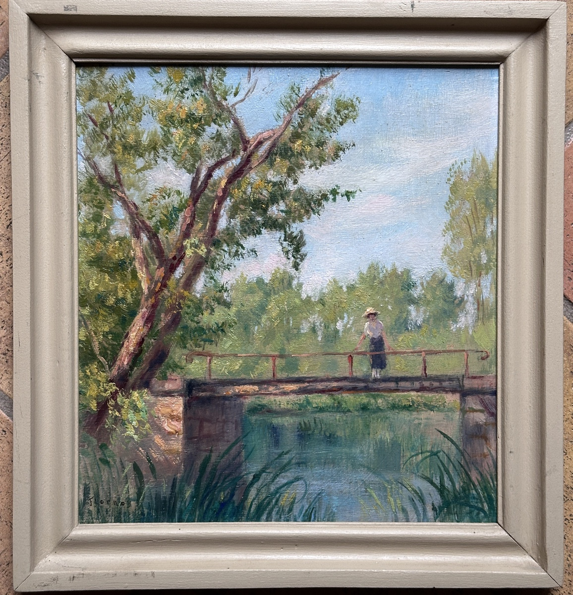 Olivier Fornoy Painting Old Impressionist Charente Landscape Young Woman On A Bridge-photo-4