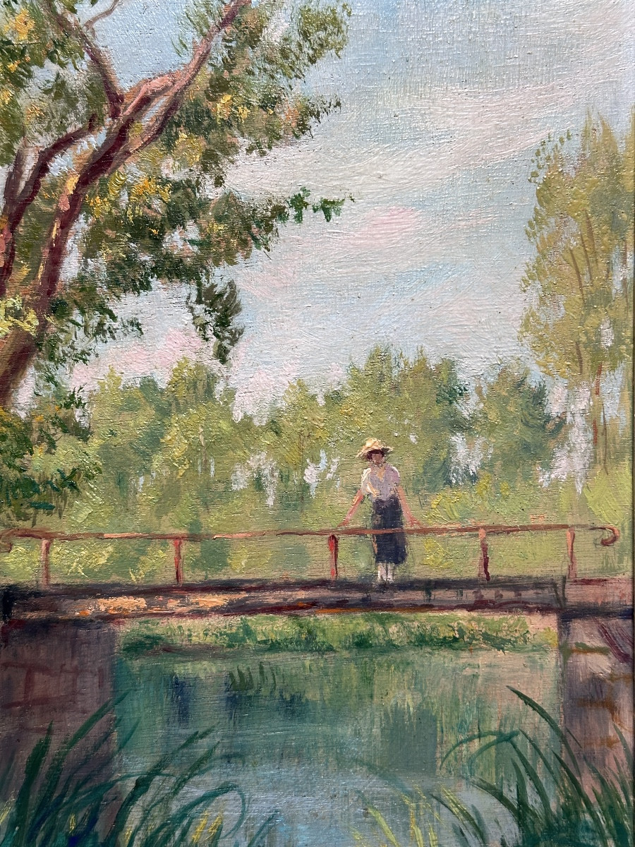 Olivier Fornoy Painting Old Impressionist Charente Landscape Young Woman On A Bridge