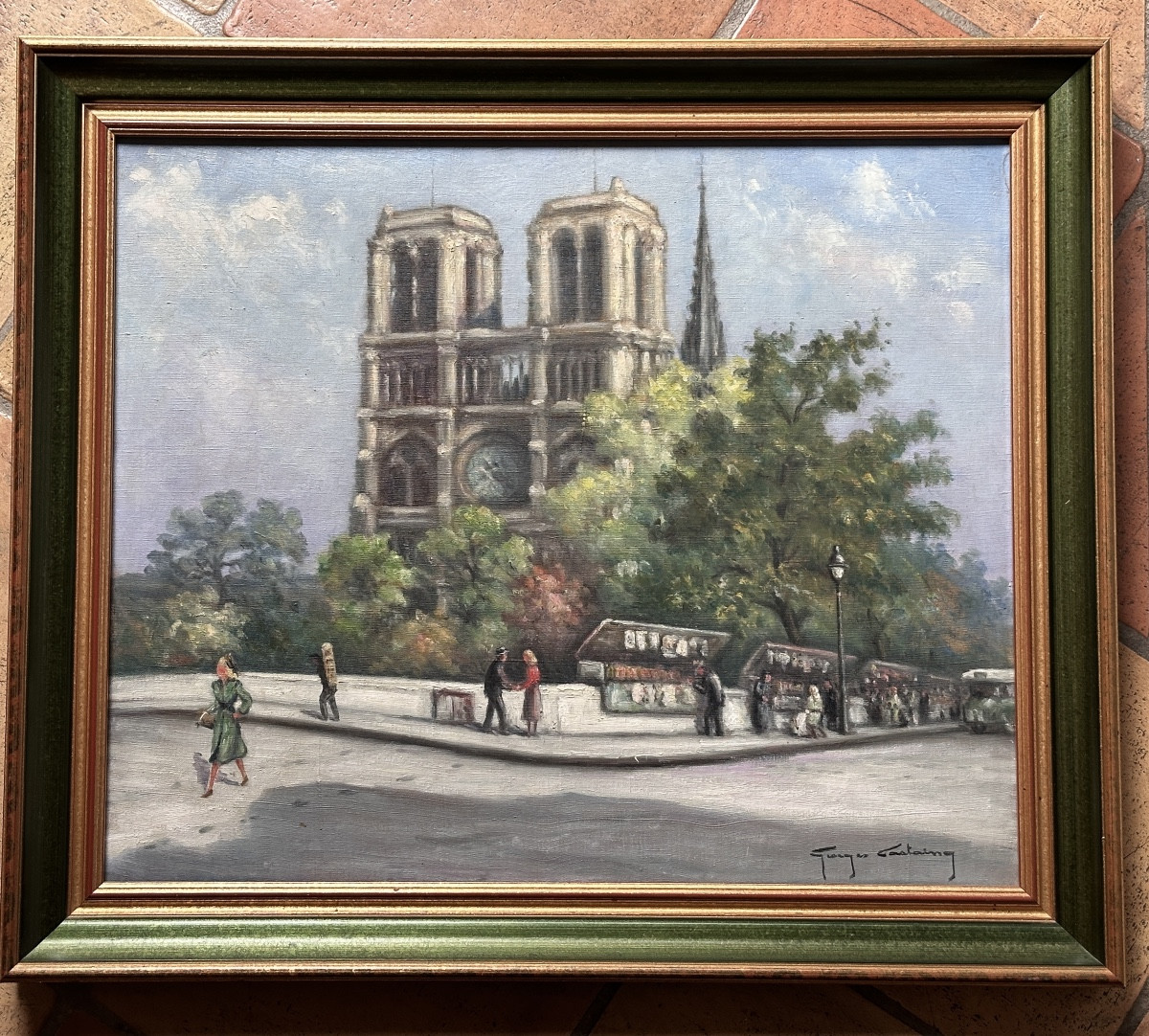 Georges Castaing Tableau  Vue animée Quai Bouquiniste Notre Dame de Paris Signé -photo-2