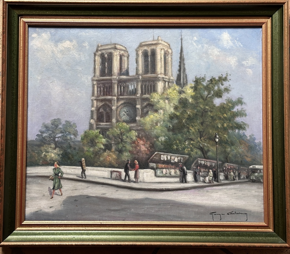 Georges Castaing Tableau  Vue animée Quai Bouquiniste Notre Dame de Paris Signé -photo-5