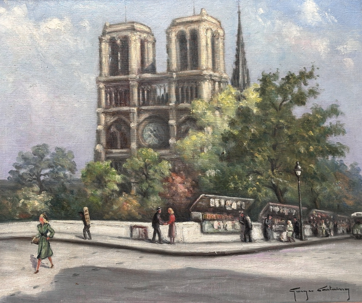 Georges Castaing Tableau  Vue animée Quai Bouquiniste Notre Dame de Paris Signé 