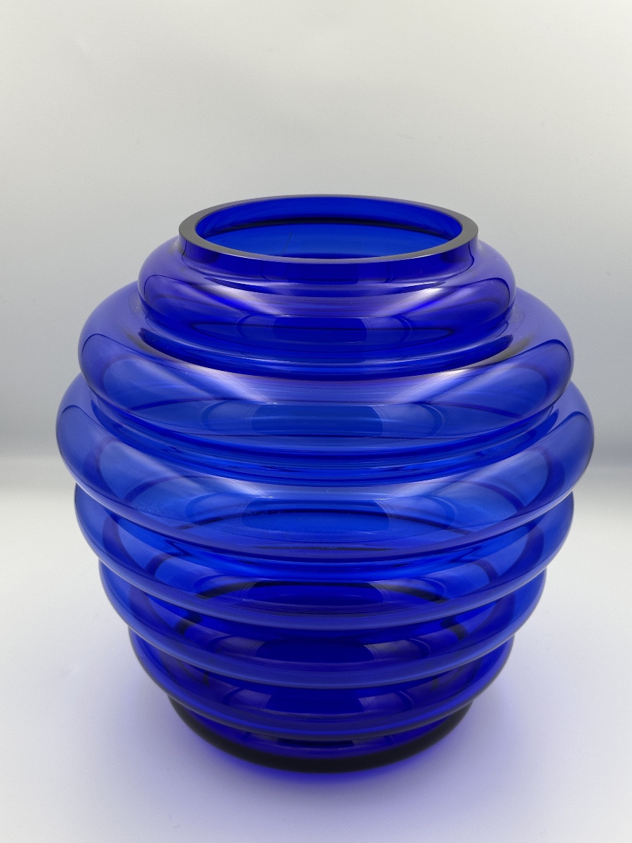 Murano Vintage Design Cobalt Blue Vase With Rings, In The Martinuzzi / Venini Style