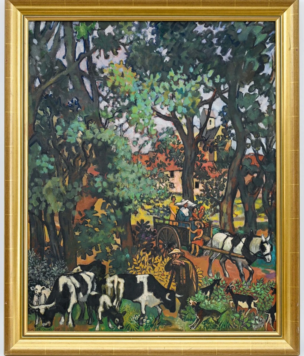 Maurice Rétif  Tableau paysage animé Abbaye En-Calcat Frère Luc Dom Robert tapisserie Dourgne