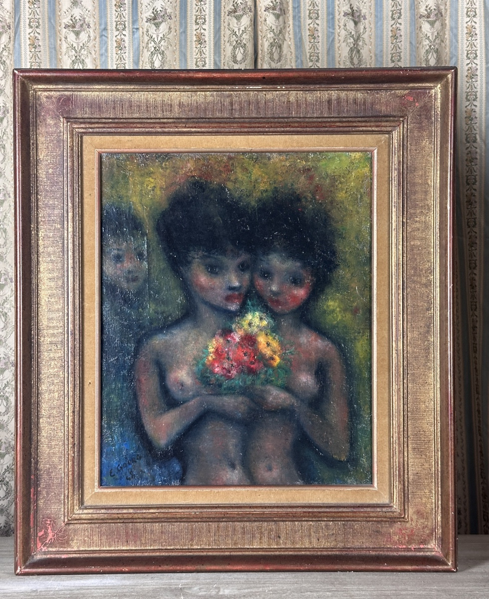 édouard Goerg Painting Modern Portrait Two Young Women Moved Nude Flowers XX-photo-4