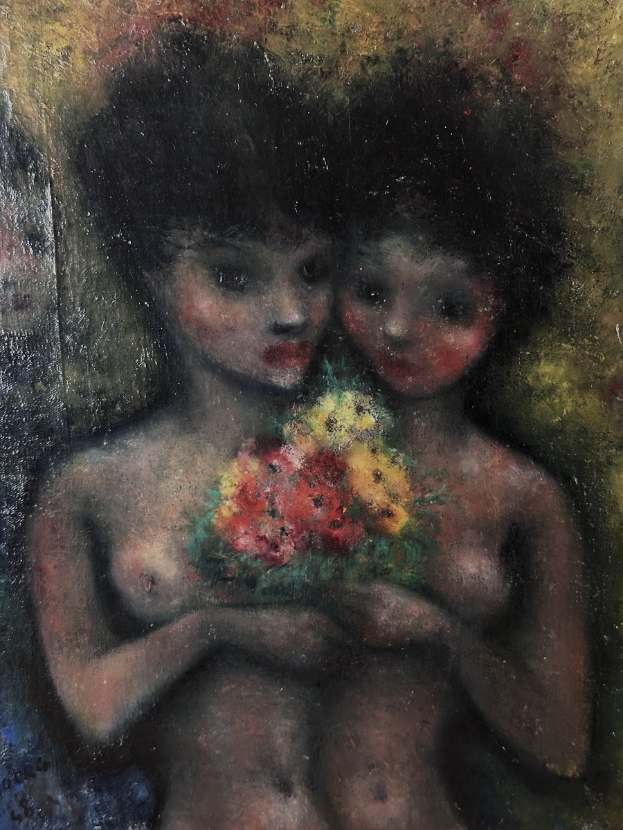 édouard Goerg Painting Modern Portrait Two Young Women Moved Nude Flowers XX-photo-1