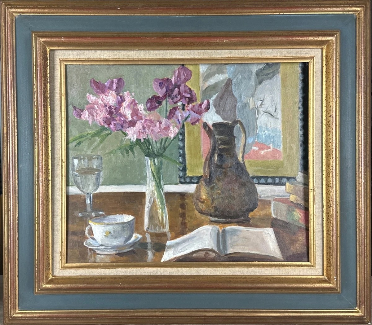 Georges Lévy Art Deco Still Life Painting Book Glass Portrait Woman Coffee Pot-photo-2