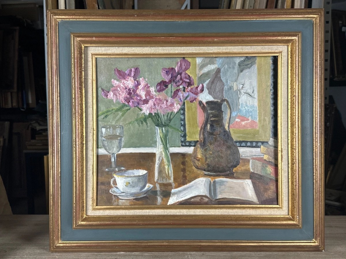 Georges Lévy Art Deco Still Life Painting Book Glass Portrait Woman Coffee Pot-photo-2