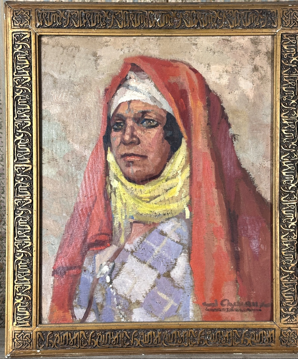 Orientalist School Painting Signed 1900 Portrait Of Young Woman Gilded Frame Calligraphy Algeria