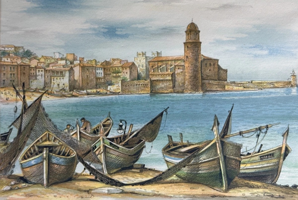 Duval Aquarelle  paysage vue de Collioure pêche au  lamparo  le séchage des filets -photo-3