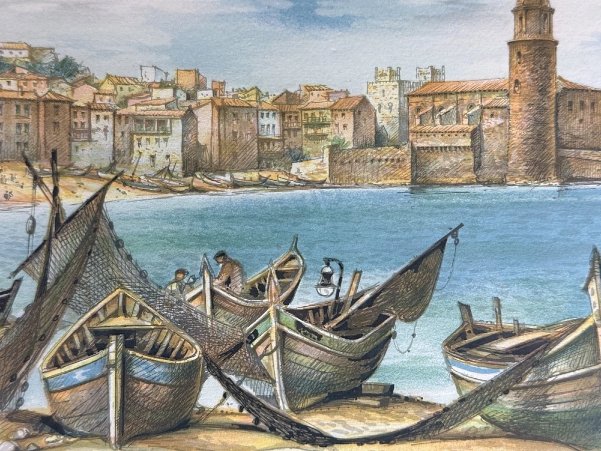 Duval Aquarelle  paysage vue de Collioure pêche au  lamparo  le séchage des filets -photo-1