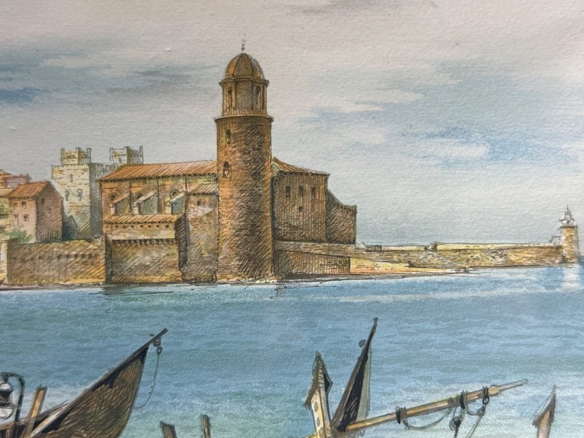 Duval Aquarelle  paysage vue de Collioure pêche au  lamparo  le séchage des filets -photo-2