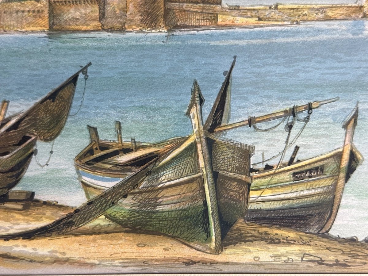 Duval Aquarelle  paysage vue de Collioure pêche au  lamparo  le séchage des filets -photo-3
